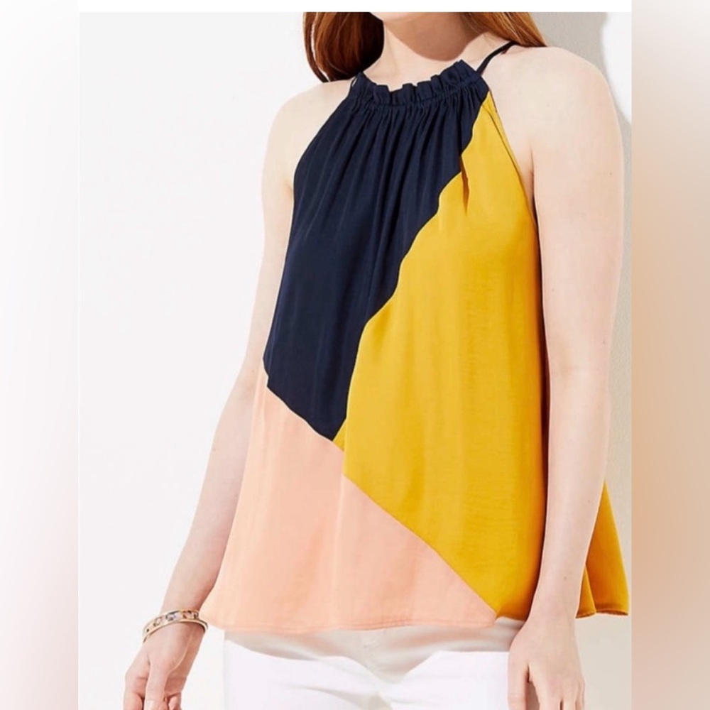 LOFT Colorblock Halter Blouse in‎ Navy, Yellow, and Peach